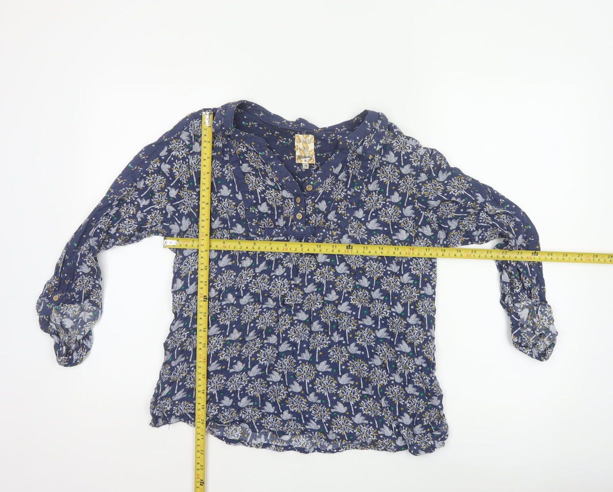 Mantaray Women Blue Size 14 Floral Long Sleeve V-Neck Blouse