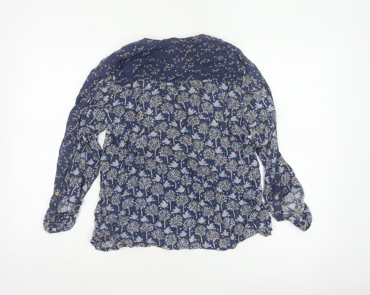 Mantaray Women Blue Size 14 Floral Long Sleeve V-Neck Blouse