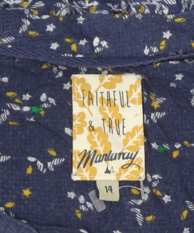 Mantaray Women Blue Size 14 Floral Long Sleeve V-Neck Blouse