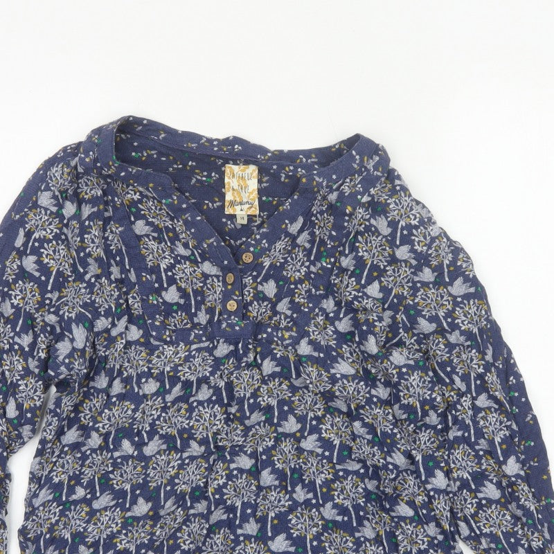 Mantaray Women Blue Size 14 Floral Long Sleeve V-Neck Blouse