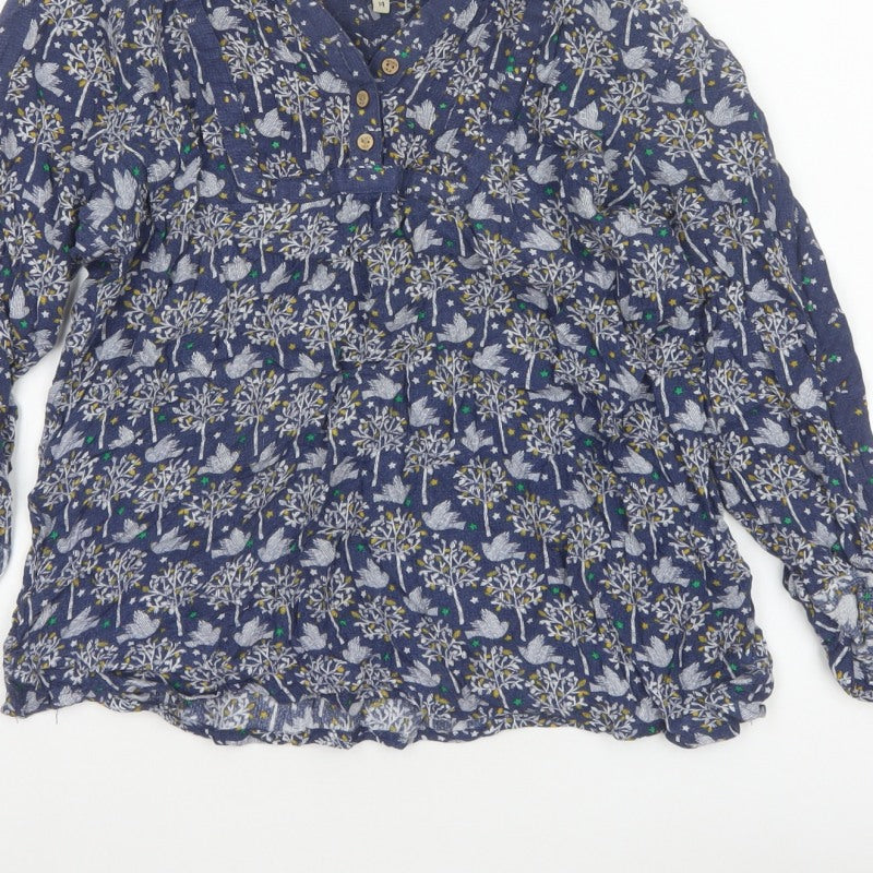 Mantaray Women Blue Size 14 Floral Long Sleeve V-Neck Blouse