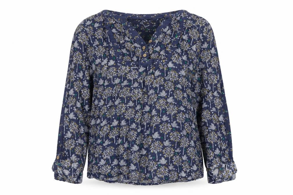 Mantaray Women Blue Size 14 Floral Long Sleeve V-Neck Blouse