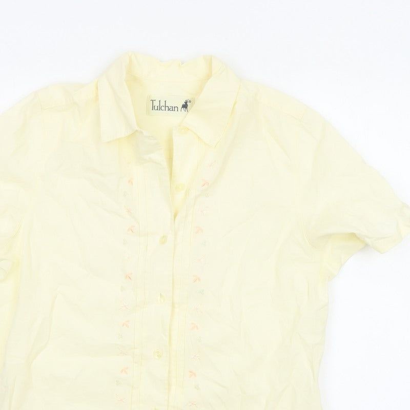 Tulchan Women Yellow S Embroidered Floral Short Sleeve Button-Up Shirt