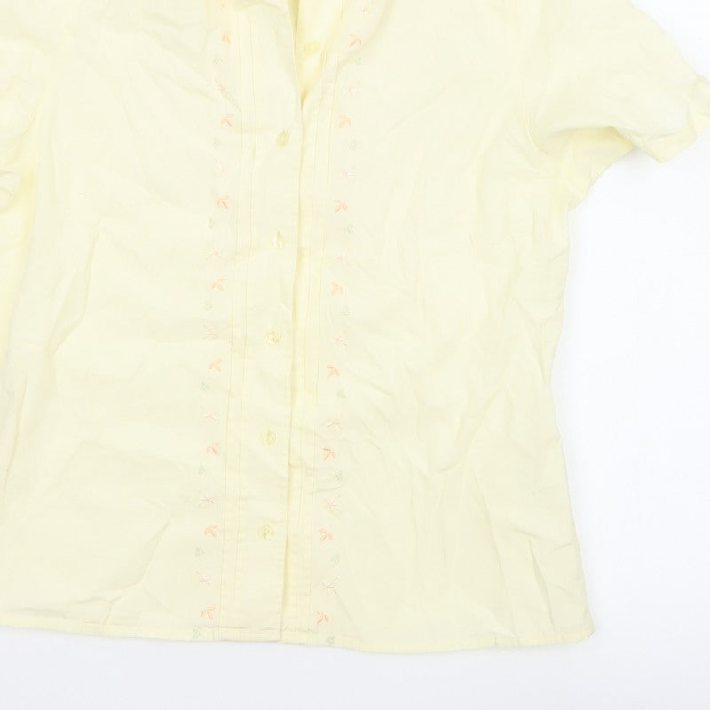 Tulchan Women Yellow S Embroidered Floral Short Sleeve Button-Up Shirt