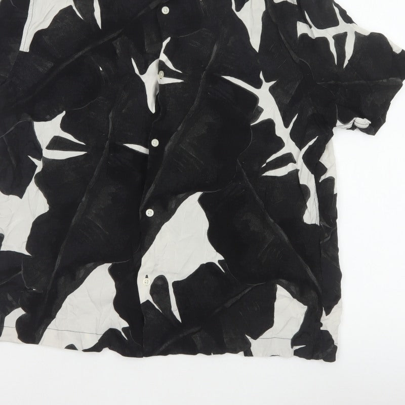H&M Men Black White Floral Viscose Regular Fit Short Sleeve Shirt L