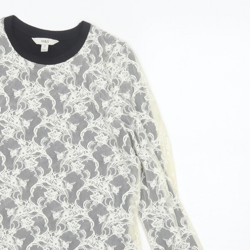 Marks and Spencer Women Ivory Floral Lace Long Sleeve Top Size 14