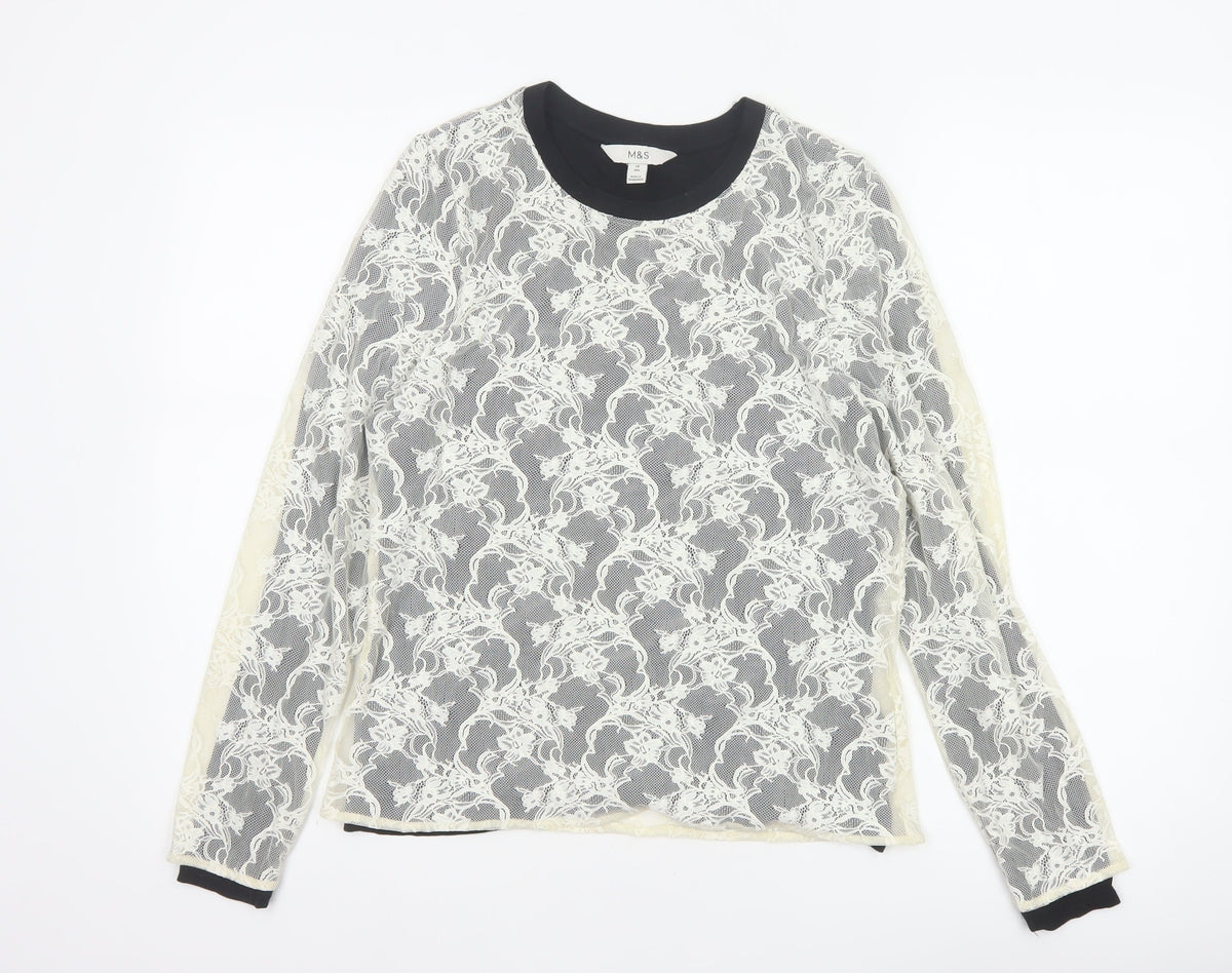 Marks and Spencer Women Ivory Floral Lace Long Sleeve Top Size 14
