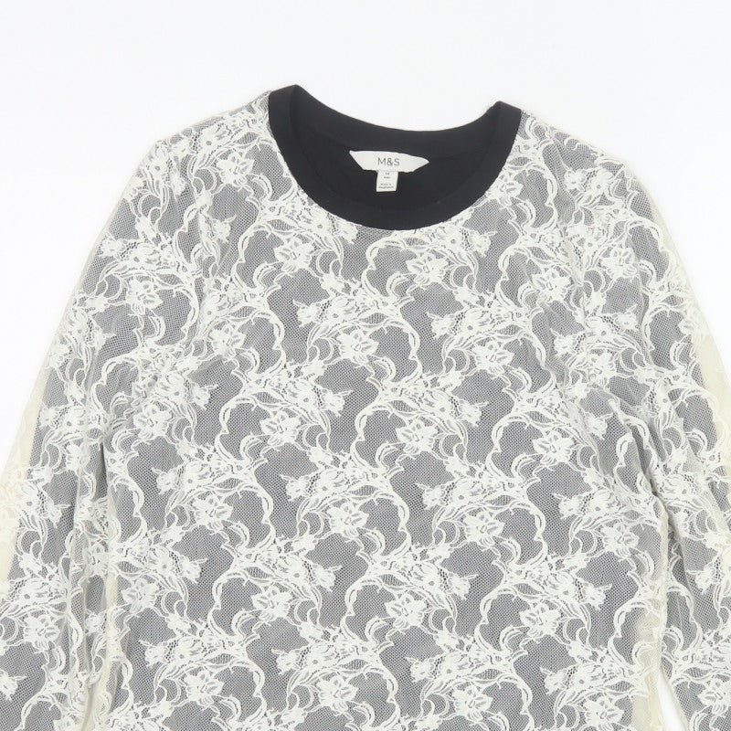 Marks and Spencer Women Ivory Floral Lace Long Sleeve Top Size 14