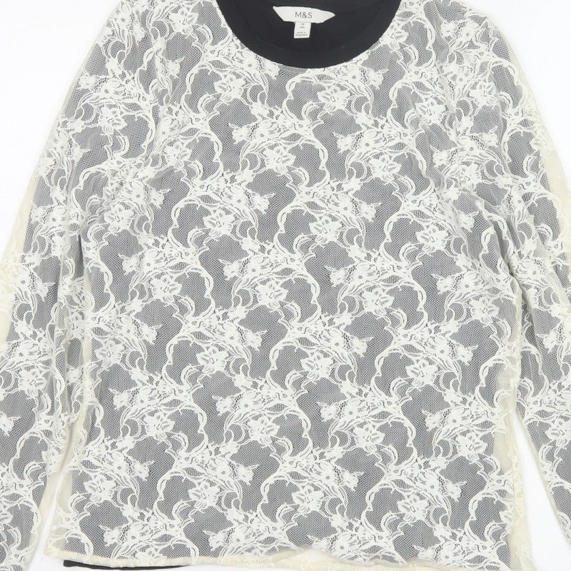 Marks and Spencer Women Ivory Floral Lace Long Sleeve Top Size 14