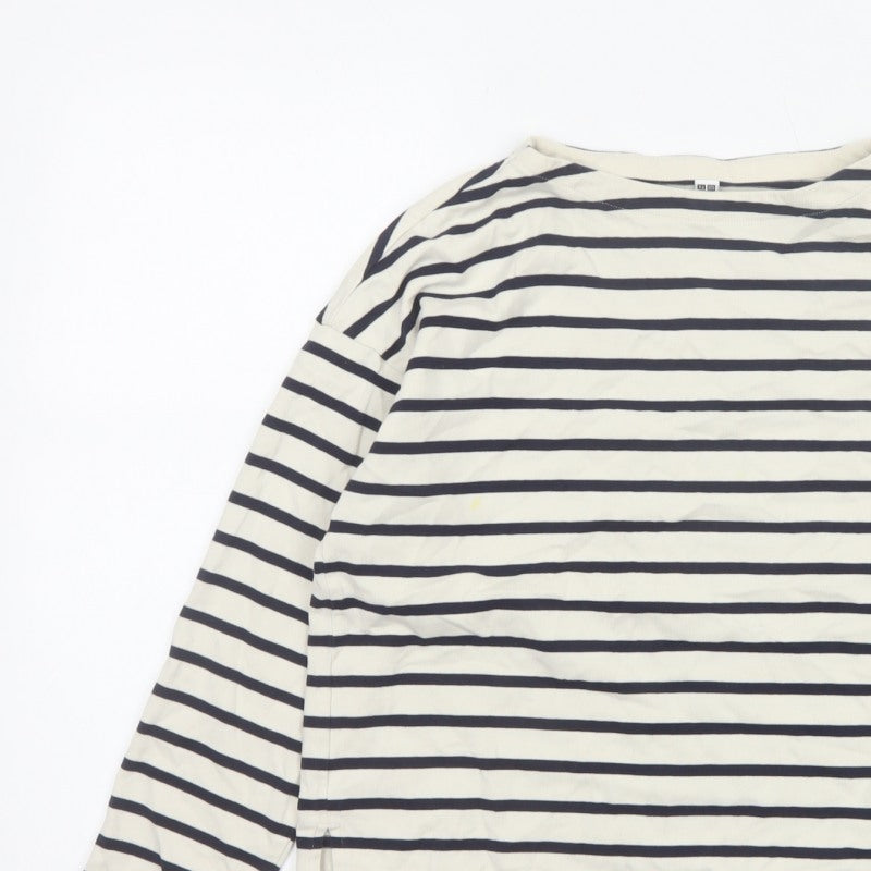 Uniqlo Women Ivory Navy Striped XS Basic Cotton Long Sleeve T-Shirt