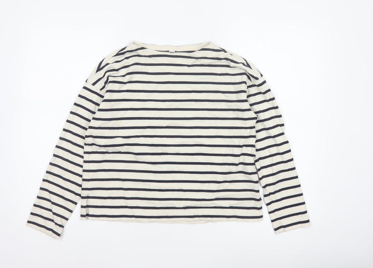 Uniqlo Women Ivory Navy Striped XS Basic Cotton Long Sleeve T-Shirt