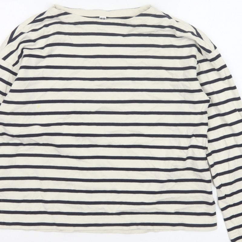 Uniqlo Women Ivory Navy Striped XS Basic Cotton Long Sleeve T-Shirt