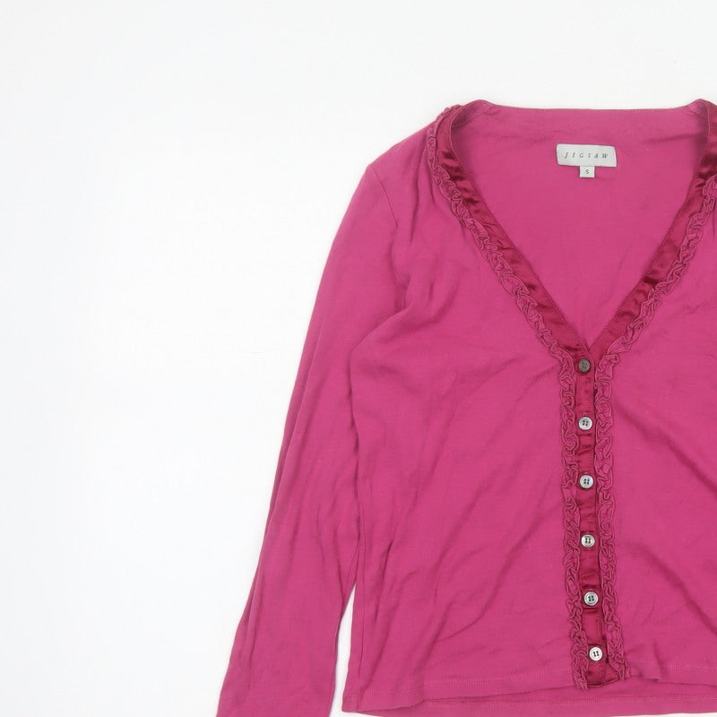 Jigsaw Women Pink S Cotton Jersey Ruffle V-Neck Button-Up Top