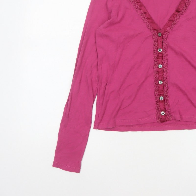 Jigsaw Women Pink S Cotton Jersey Ruffle V-Neck Button-Up Top