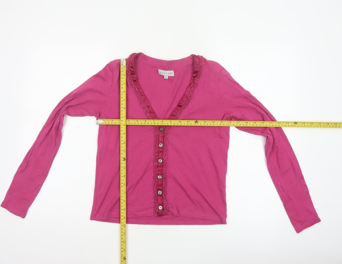 Jigsaw Women Pink S Cotton Jersey Ruffle V-Neck Button-Up Top