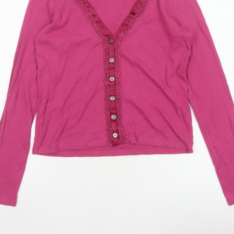 Jigsaw Women Pink S Cotton Jersey Ruffle V-Neck Button-Up Top
