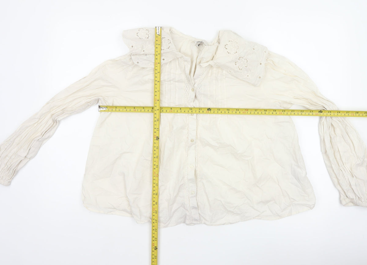 M&S Women's Ivory UK 14 Embroidered Cotton Long Sleeve Button-Up Blouse