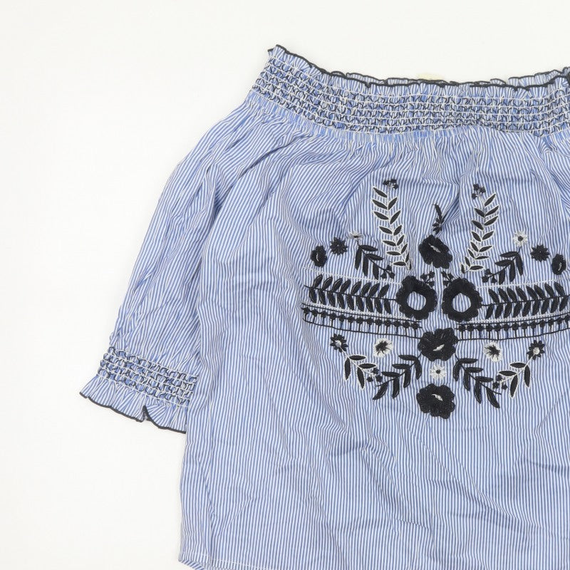 River Island Women Blue Stripe Off Shoulder Embroidered Tunic Blouse UK 14