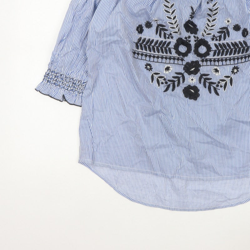 River Island Women Blue Stripe Off Shoulder Embroidered Tunic Blouse UK 14