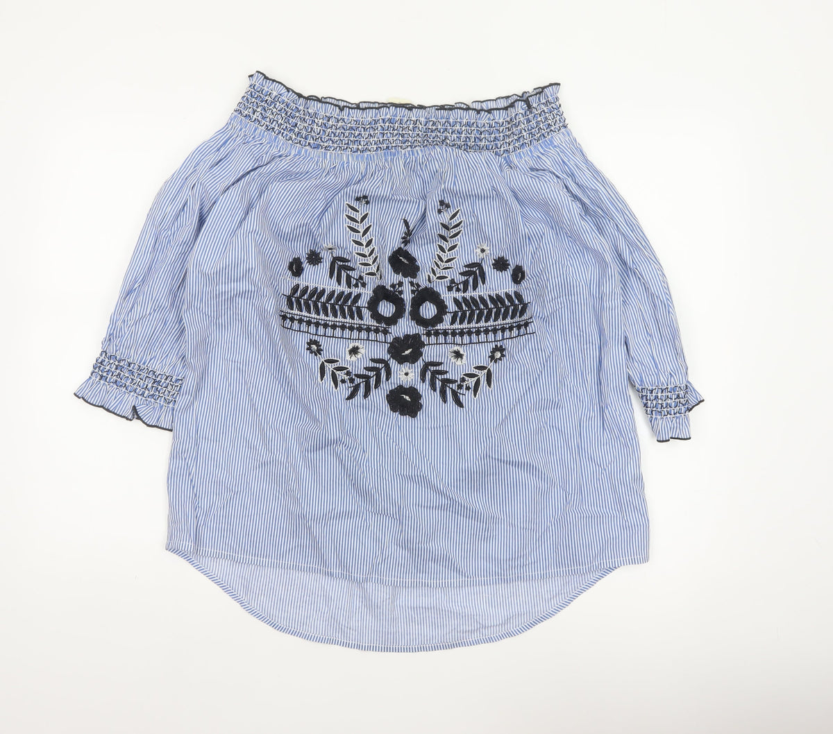 River Island Women Blue Stripe Off Shoulder Embroidered Tunic Blouse UK 14