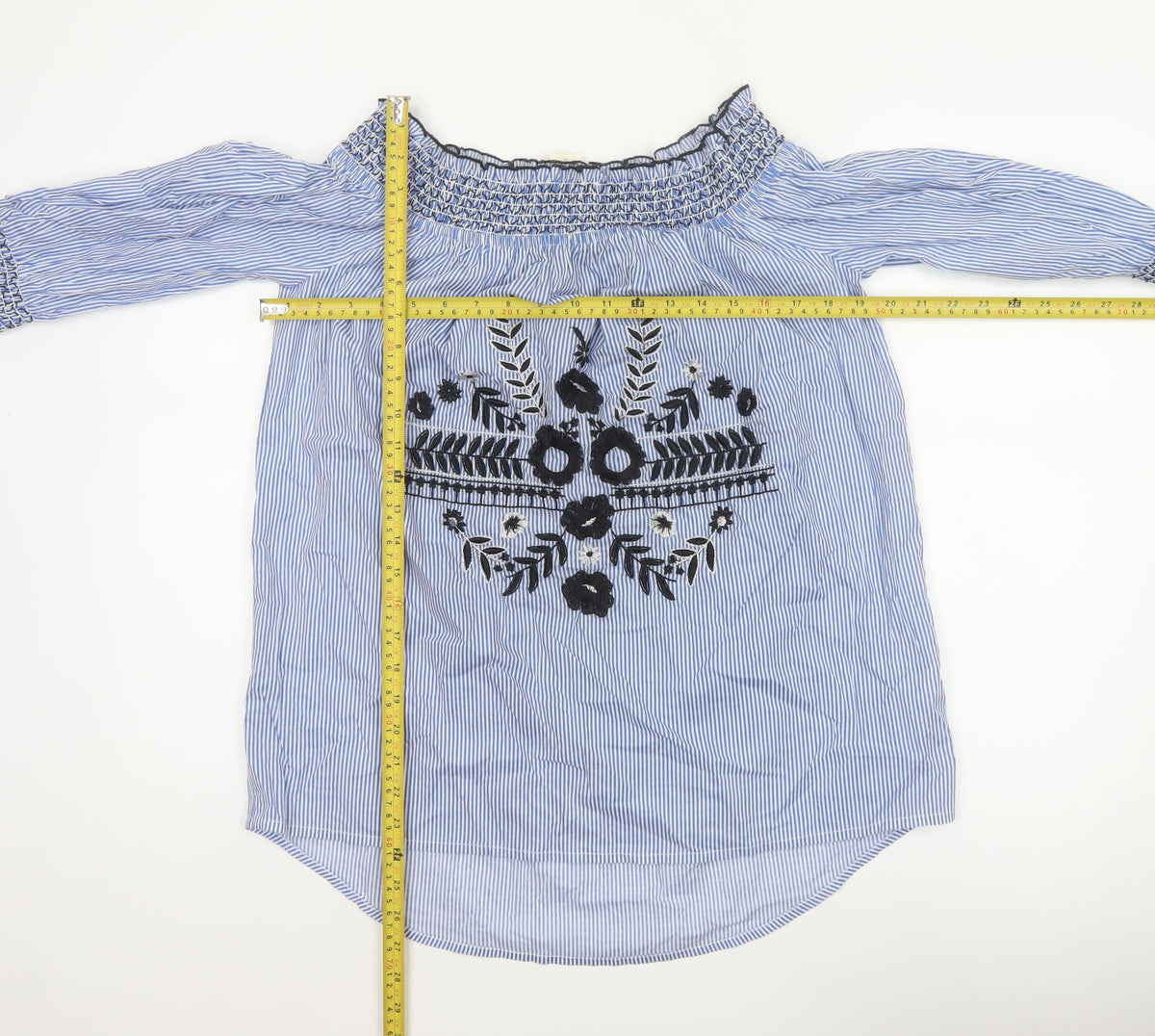 River Island Women Blue Stripe Off Shoulder Embroidered Tunic Blouse UK 14