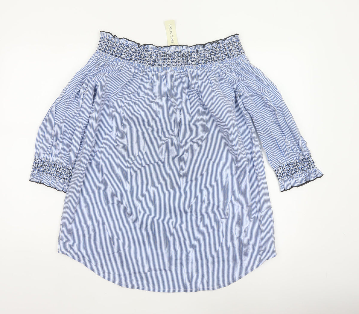 River Island Women Blue Stripe Off Shoulder Embroidered Tunic Blouse UK 14