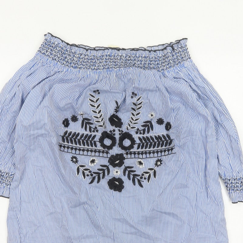 River Island Women Blue Stripe Off Shoulder Embroidered Tunic Blouse UK 14