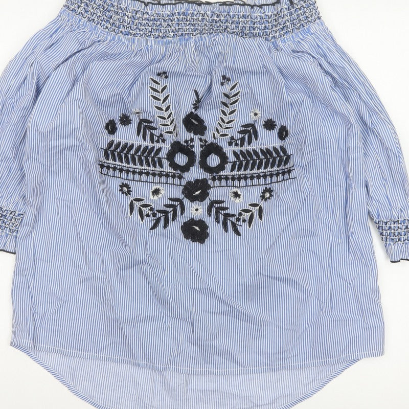 River Island Women Blue Stripe Off Shoulder Embroidered Tunic Blouse UK 14