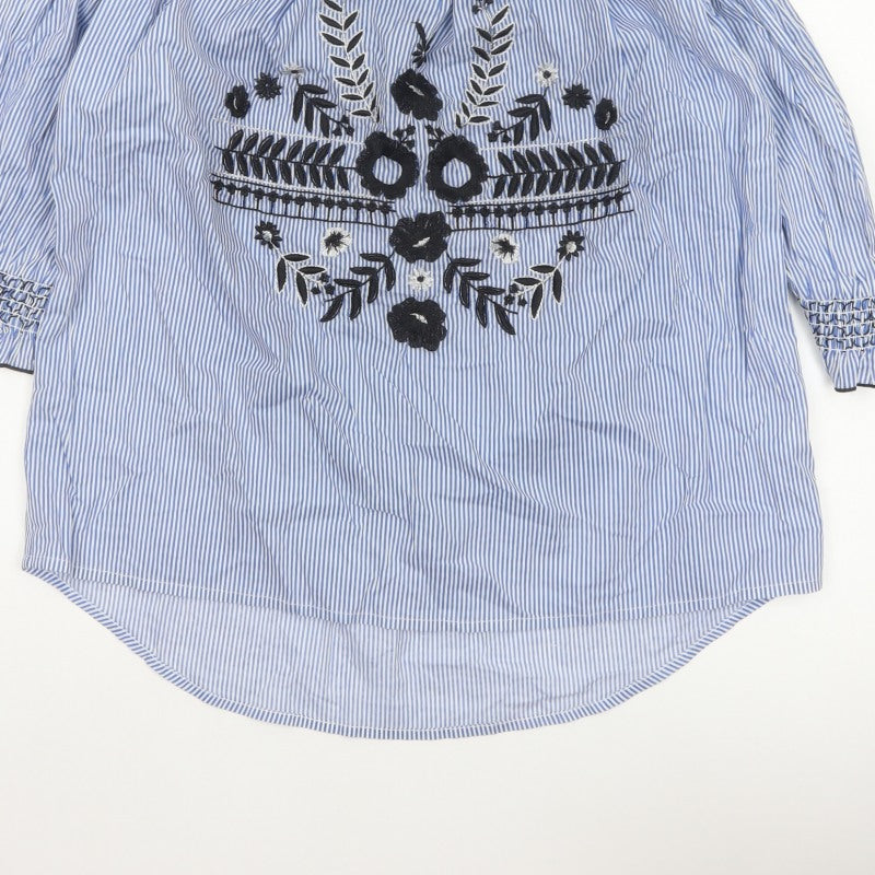 River Island Women Blue Stripe Off Shoulder Embroidered Tunic Blouse UK 14