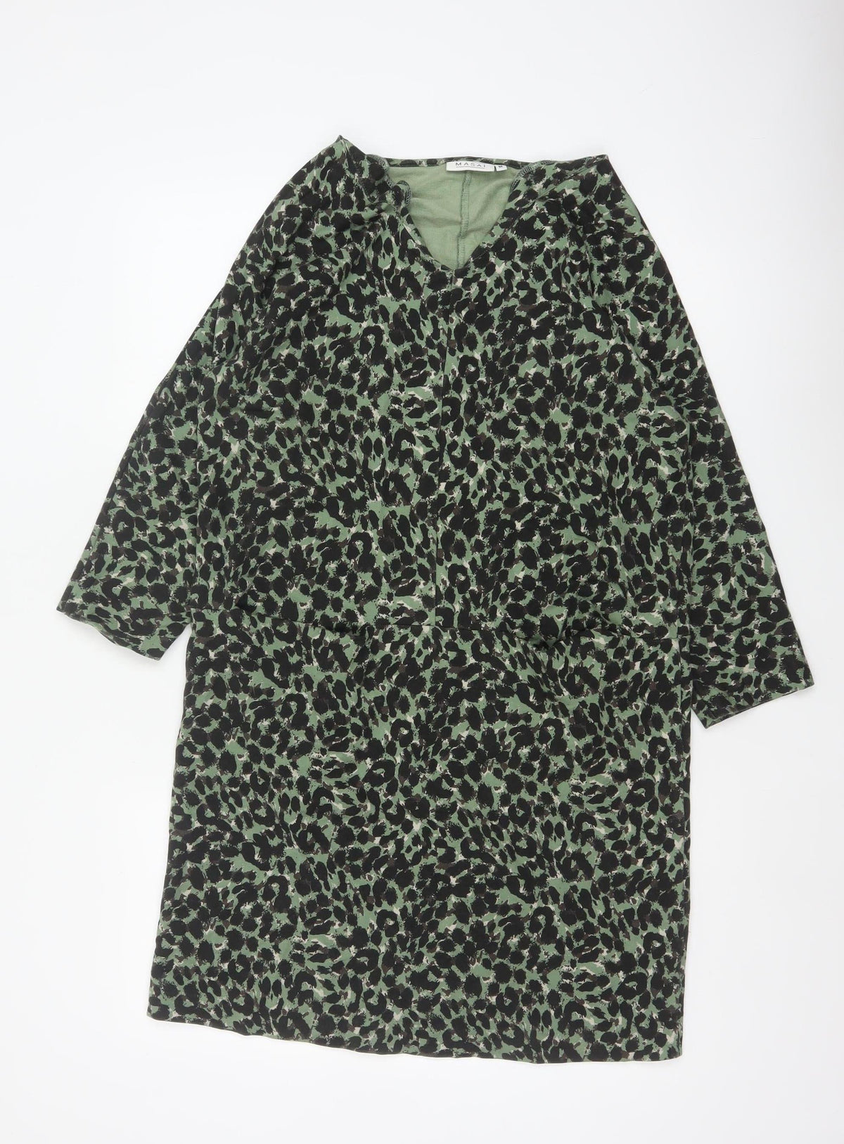 Masai Women Green Leopard Print Jersey Shift Dress M V-Neck