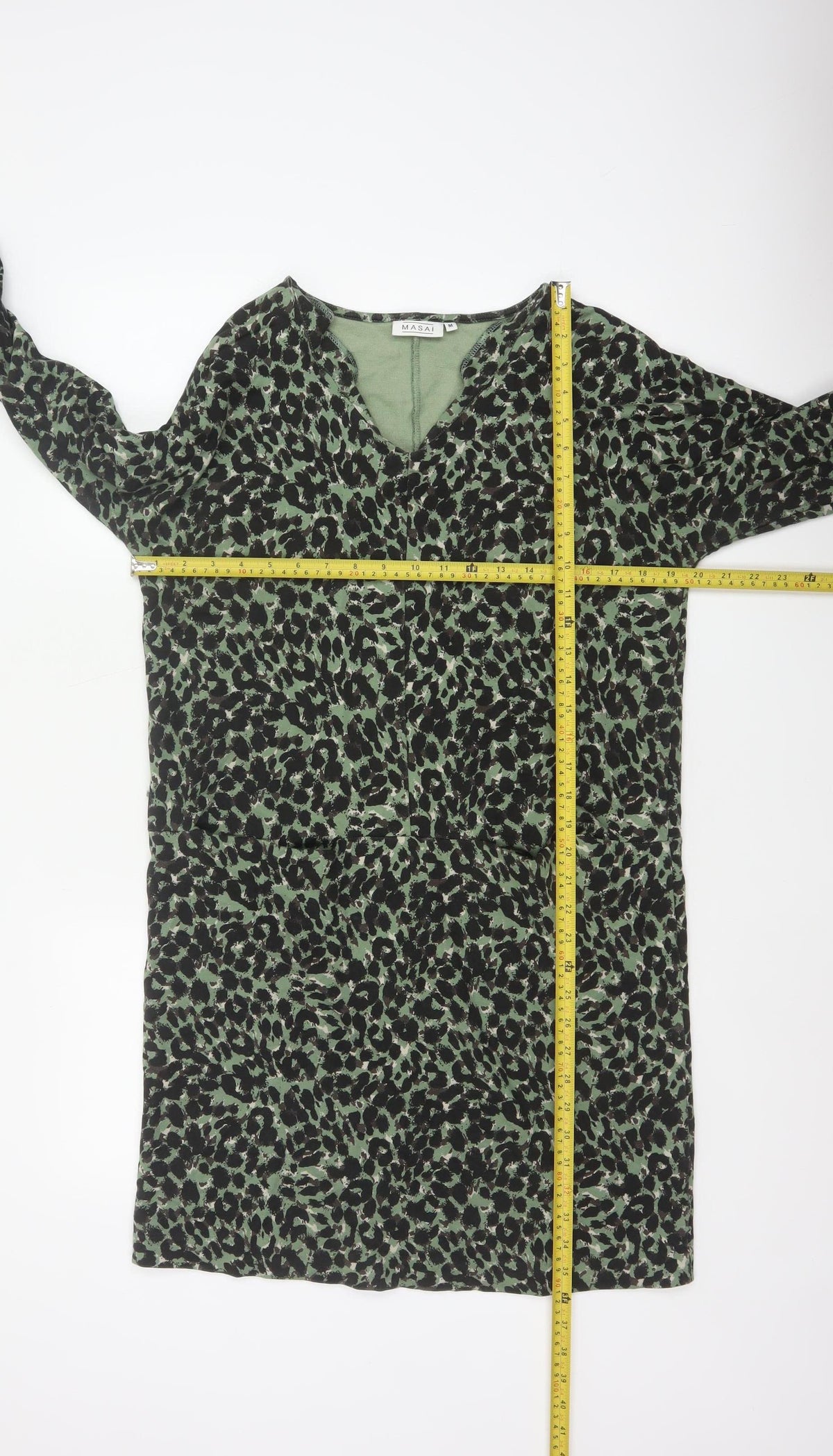 Masai Women Green Leopard Print Jersey Shift Dress M V-Neck