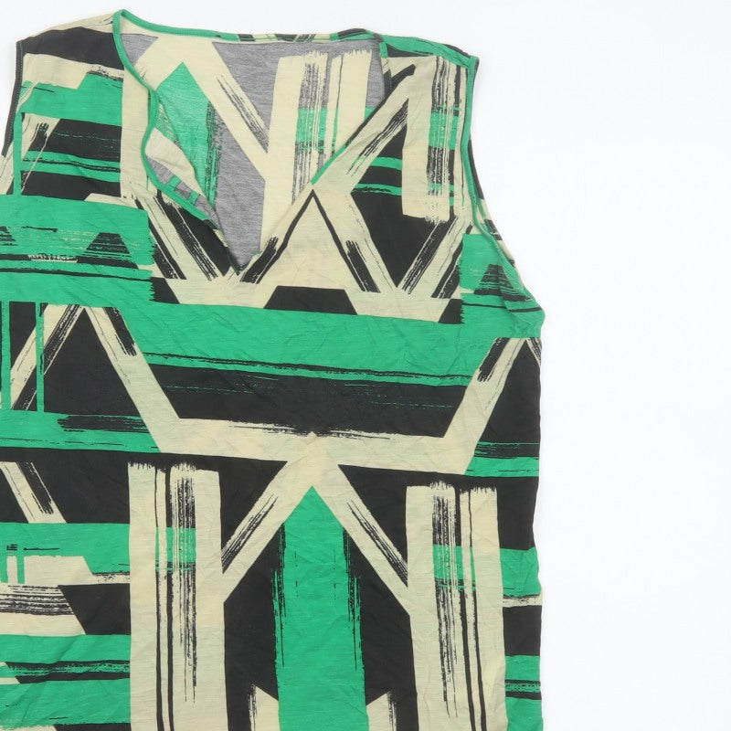 Jaeger Women Green Geometric Lyocell Sleeveless V-Neck Tunic Blouse L