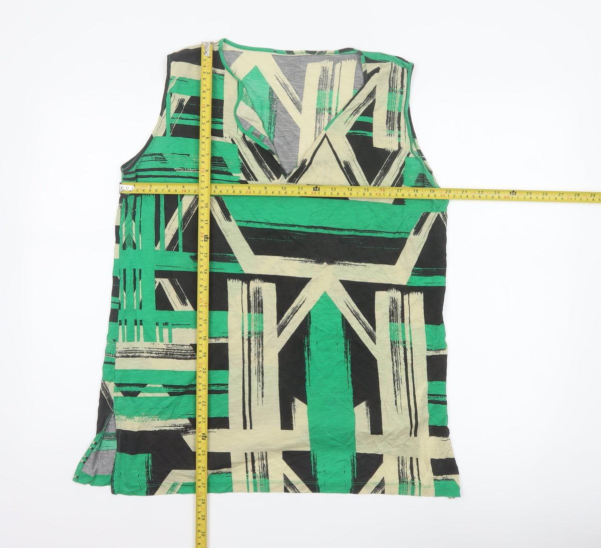 Jaeger Women Green Geometric Lyocell Sleeveless V-Neck Tunic Blouse L