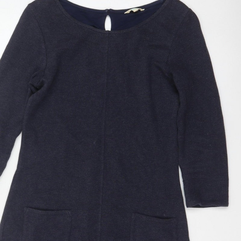 White Stuff Women Navy UK 8 Herringbone Shift Dress Long Sleeve Pockets