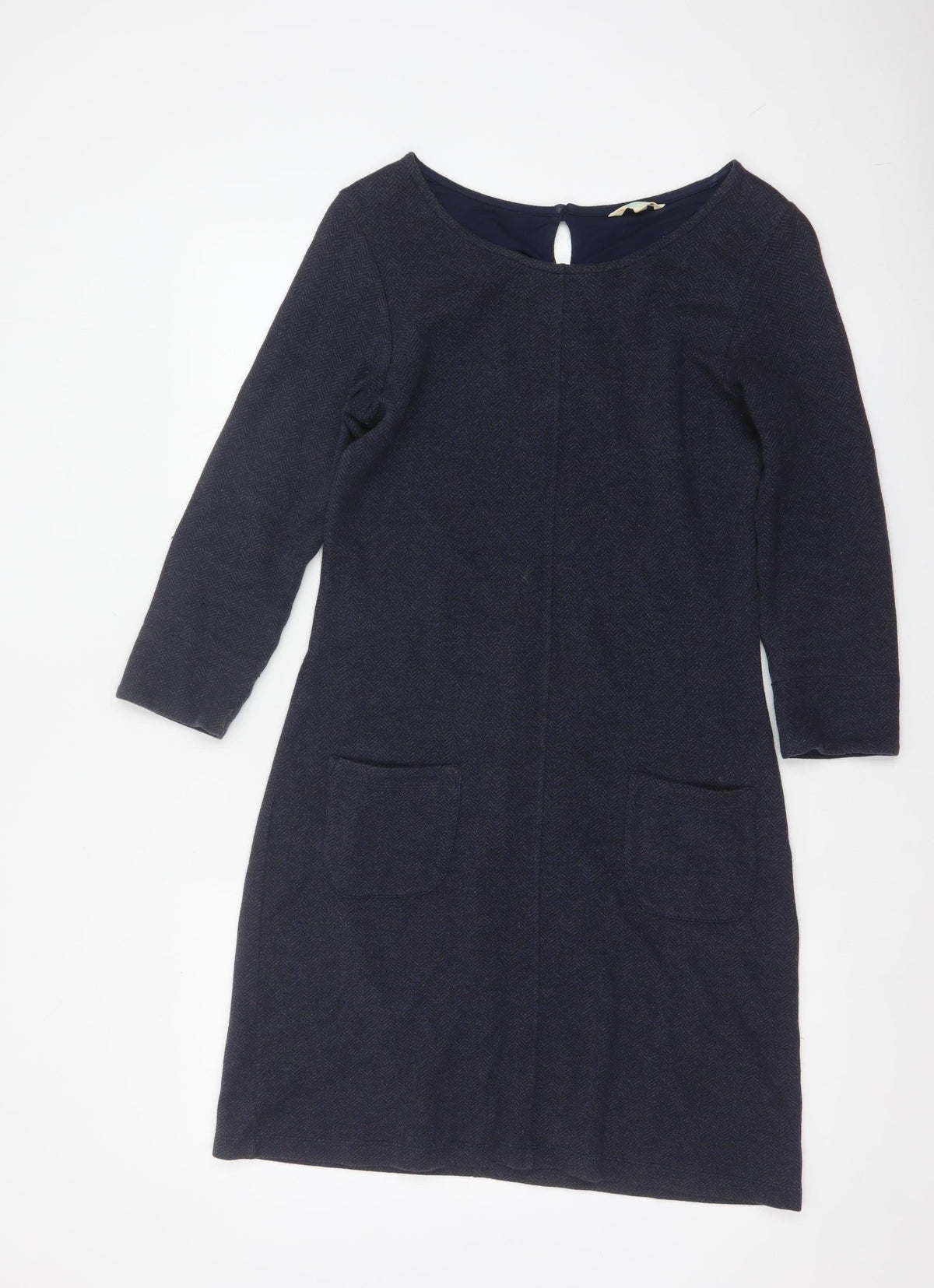 White Stuff Women Navy UK 8 Herringbone Shift Dress Long Sleeve Pockets