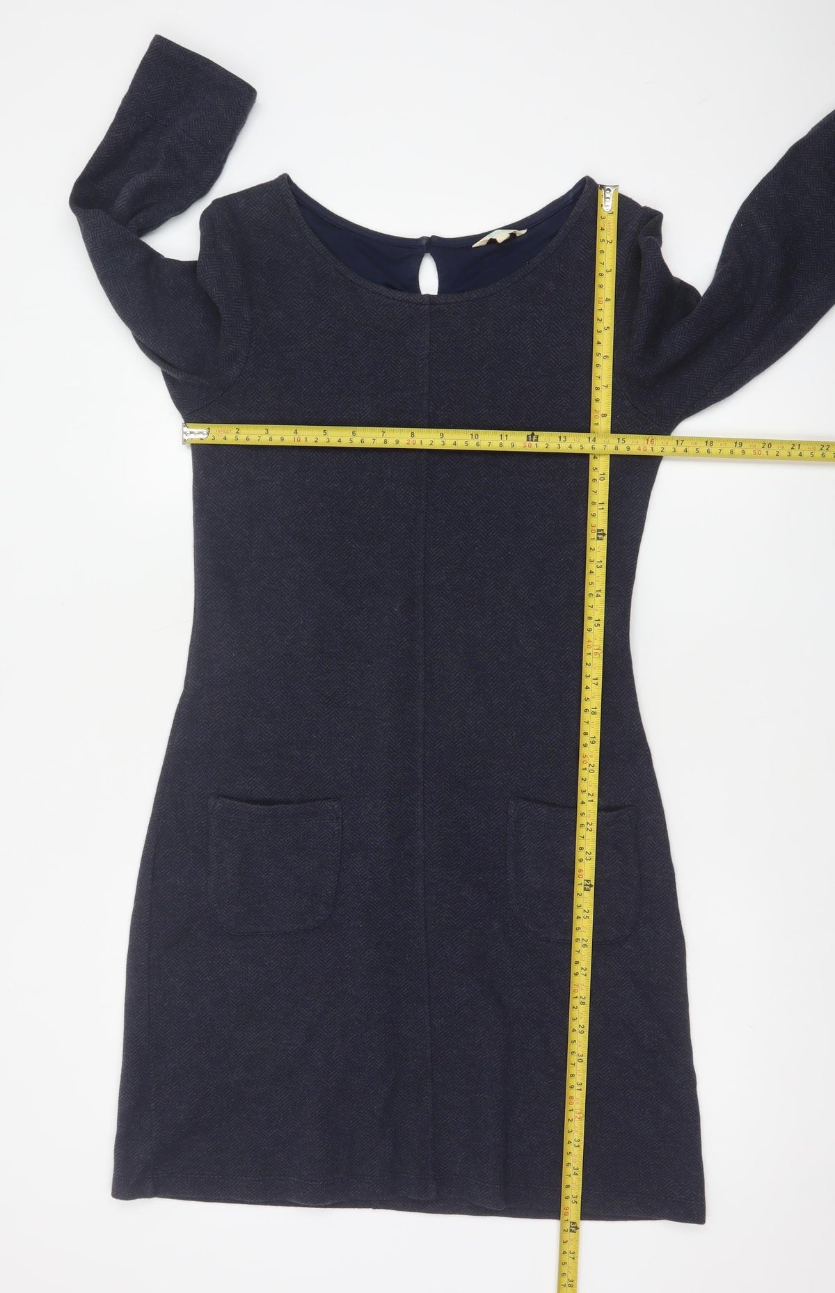 White Stuff Women Navy UK 8 Herringbone Shift Dress Long Sleeve Pockets