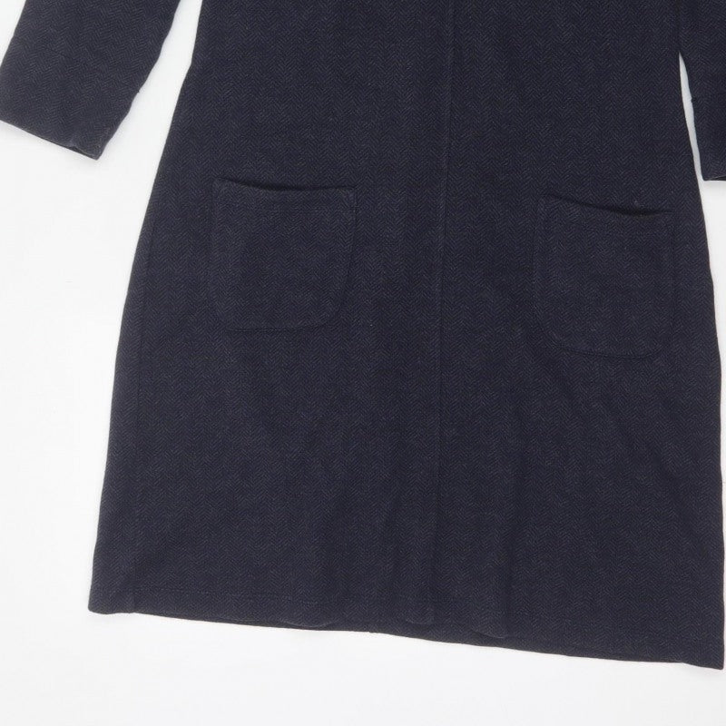 White Stuff Women Navy UK 8 Herringbone Shift Dress Long Sleeve Pockets