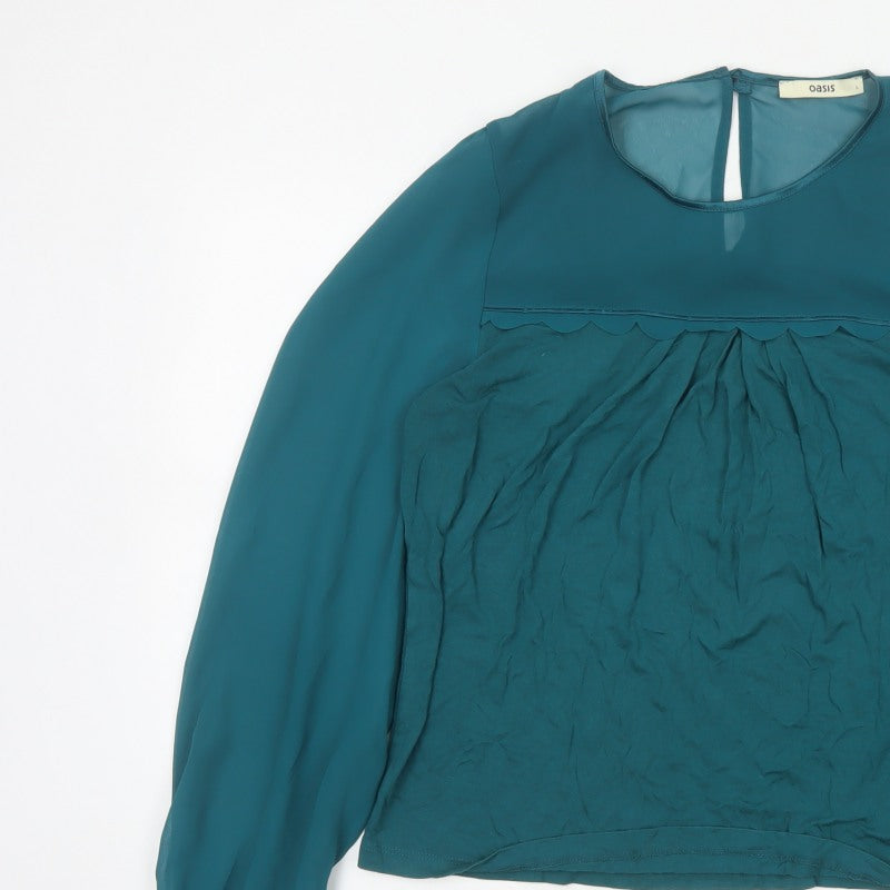 Oasis Women Green L Viscose Blouse Balloon Sleeve Scallop Trim