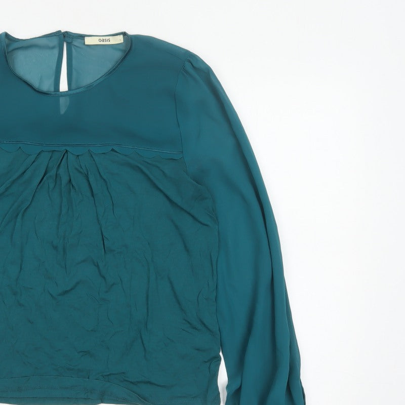 Oasis Women Green L Viscose Blouse Balloon Sleeve Scallop Trim