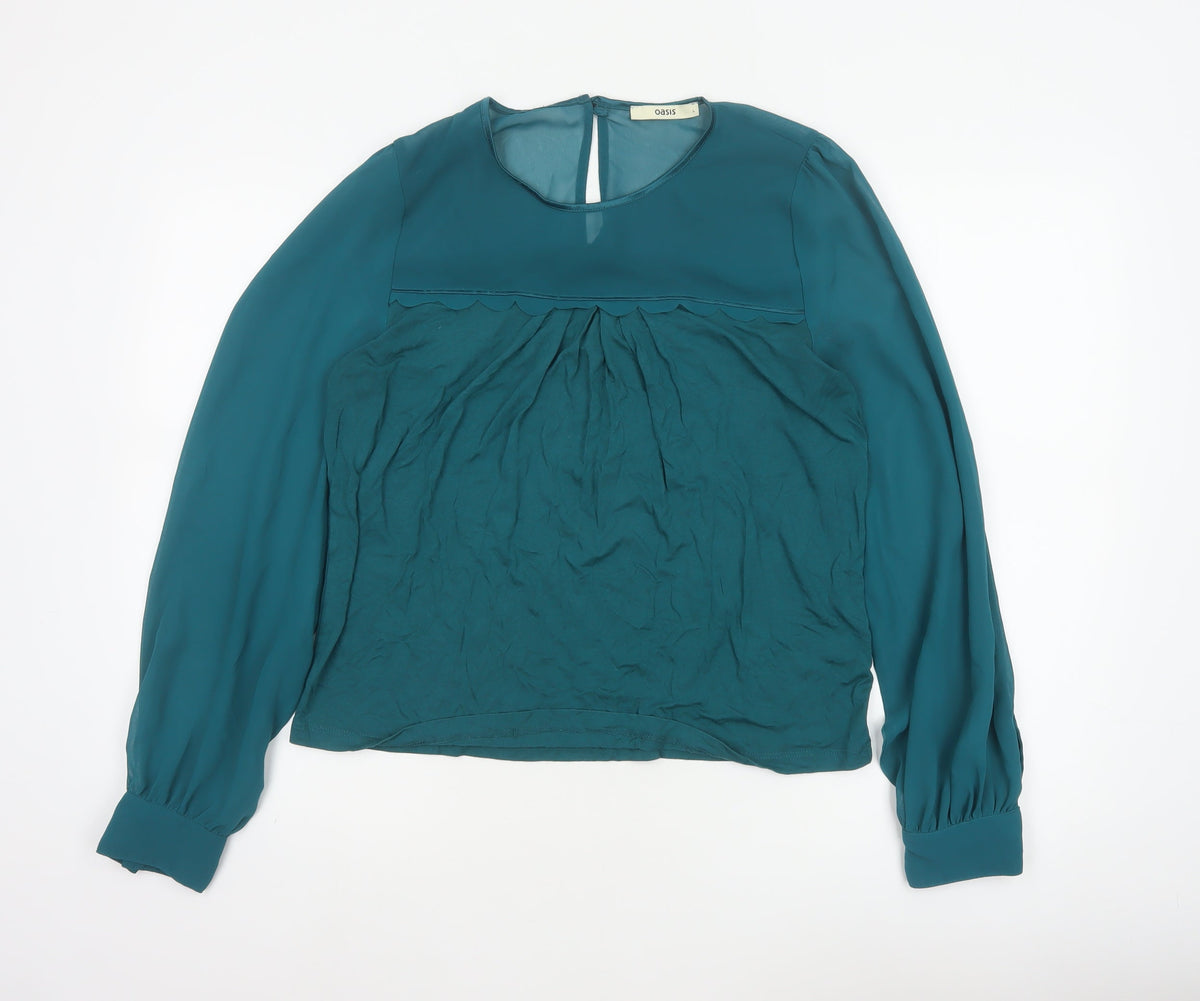 Oasis Women Green L Viscose Blouse Balloon Sleeve Scallop Trim