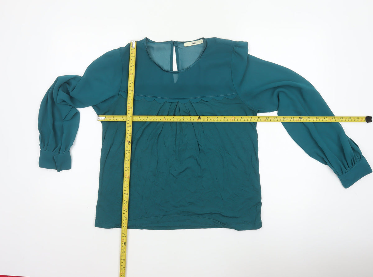 Oasis Women Green L Viscose Blouse Balloon Sleeve Scallop Trim