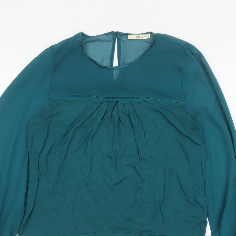 Oasis Women Green L Viscose Blouse Balloon Sleeve Scallop Trim