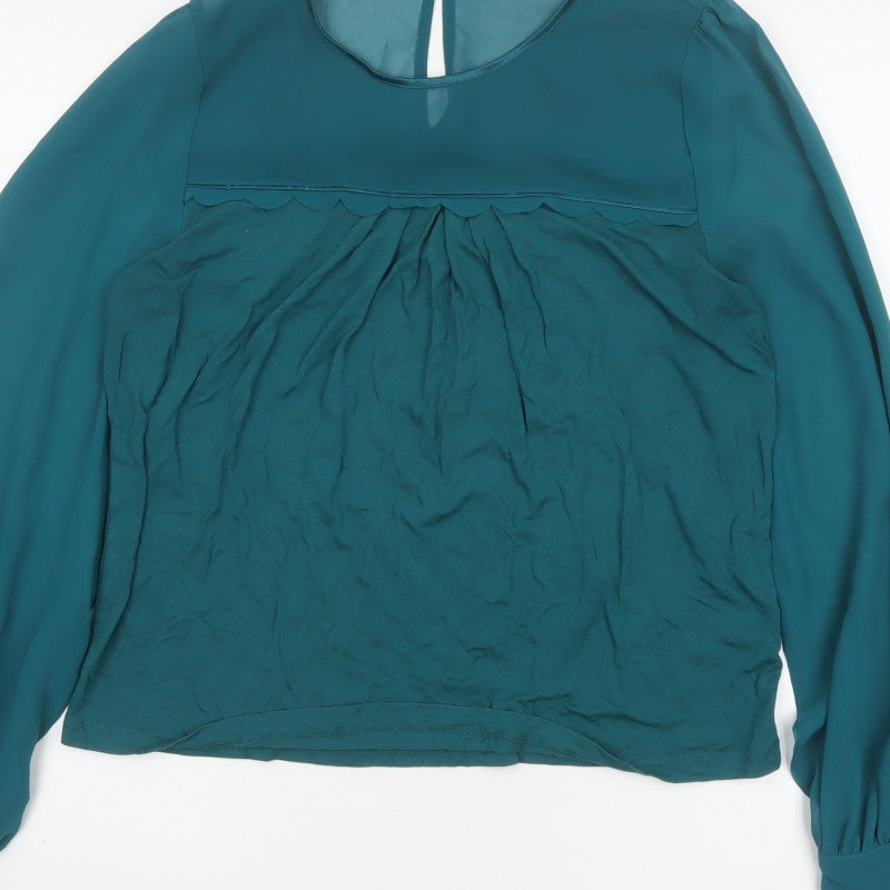 Oasis Women Green L Viscose Blouse Balloon Sleeve Scallop Trim