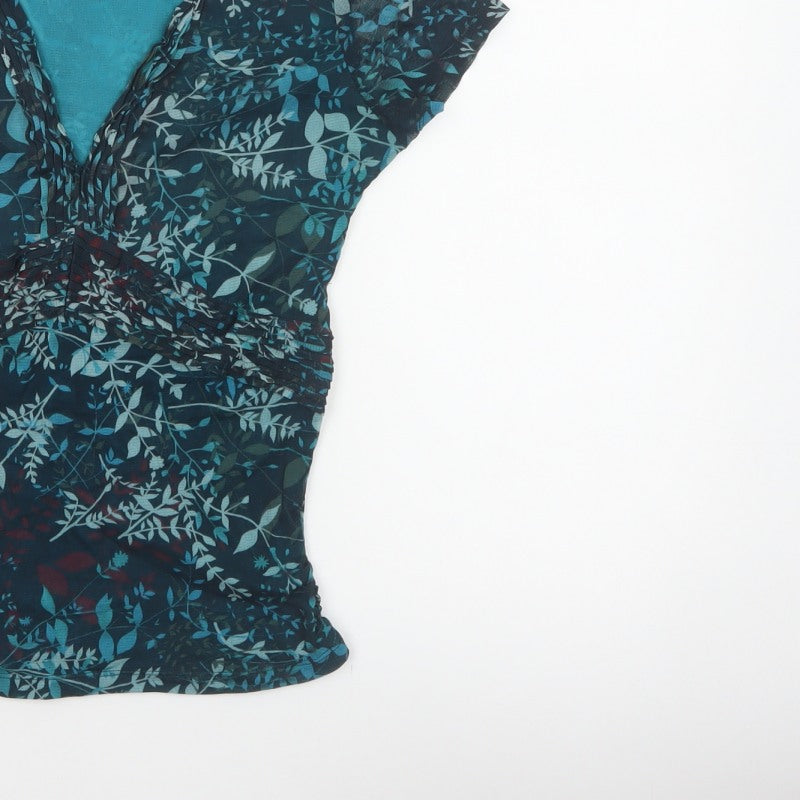 Monsoon Women Blue Floral Wrap Blouse UK 16 Short Sleeve V-Neck
