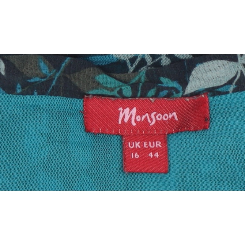 Monsoon Women Blue Floral Wrap Blouse UK 16 Short Sleeve V-Neck