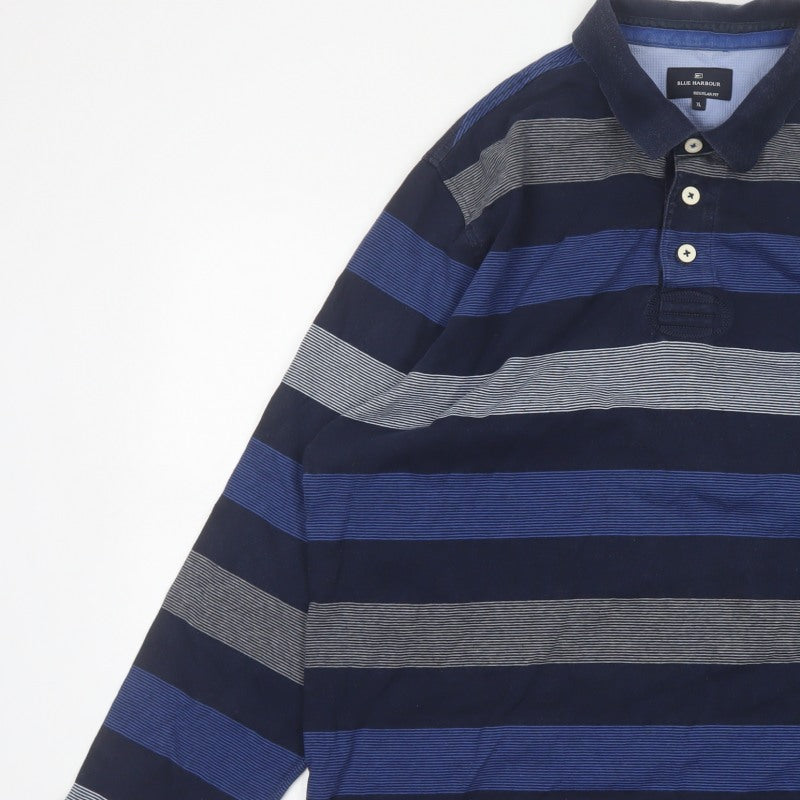 M&S Blue Harbour Mens Blue XL Striped Long Sleeve Polo Shirt