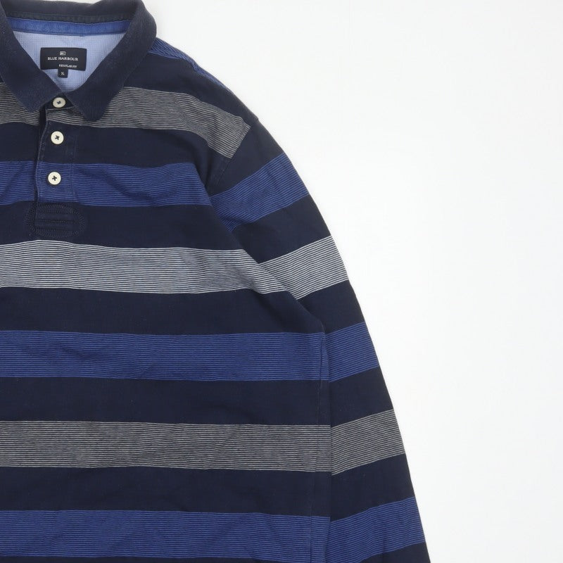 M&S Blue Harbour Mens Blue XL Striped Long Sleeve Polo Shirt