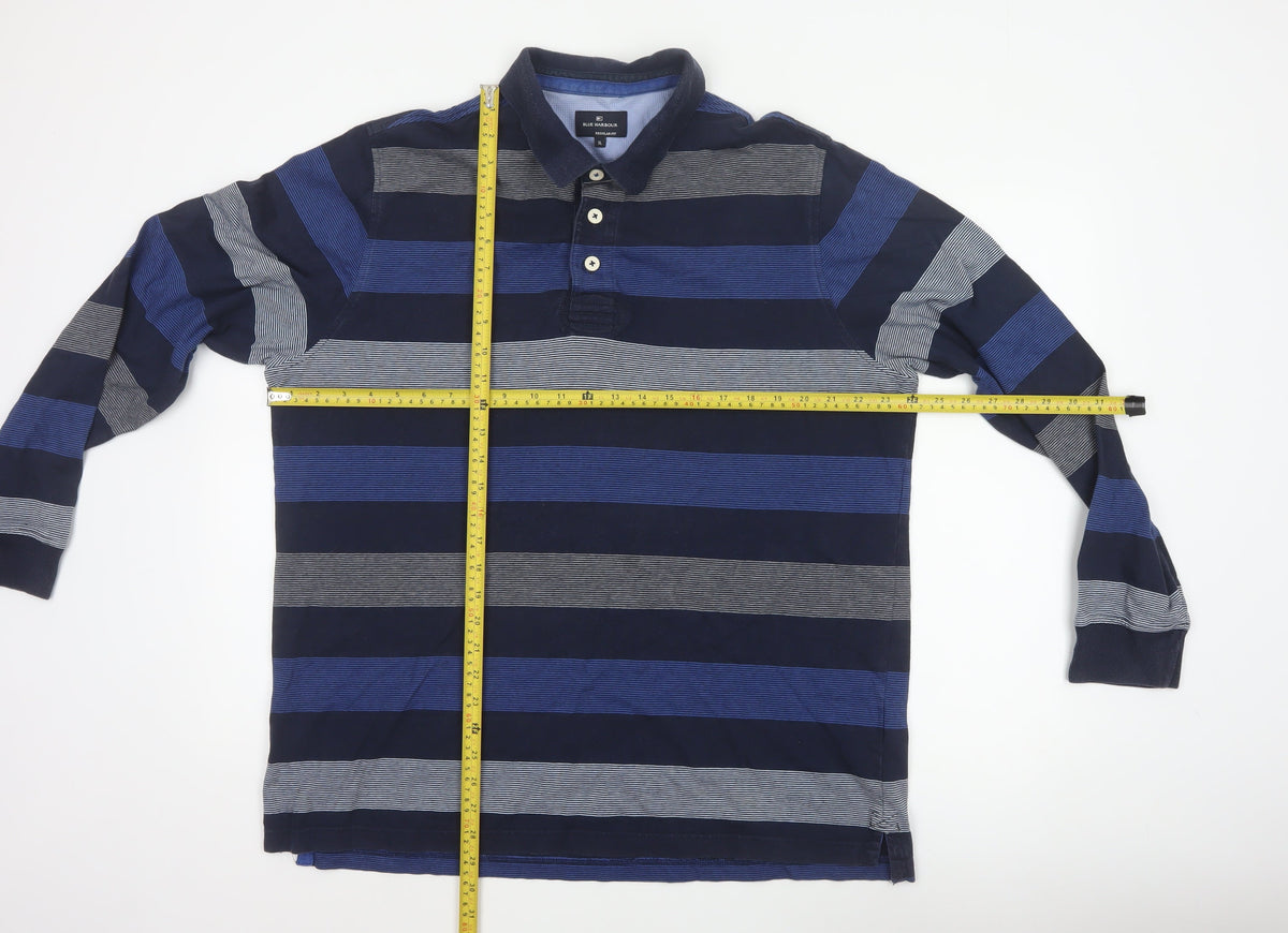 M&S Blue Harbour Mens Blue XL Striped Long Sleeve Polo Shirt