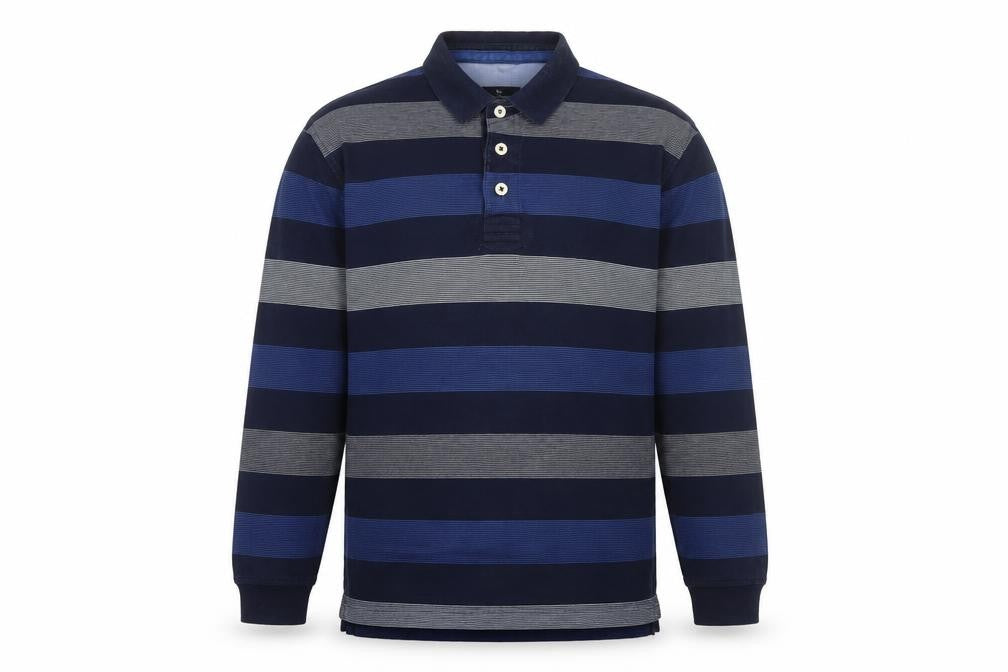 M&S Blue Harbour Mens Blue XL Striped Long Sleeve Polo Shirt