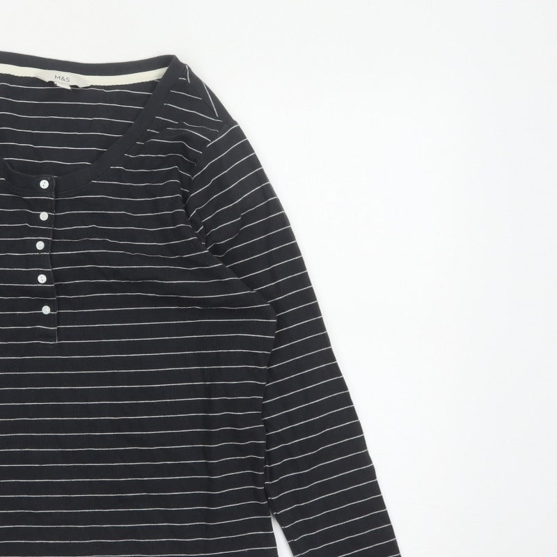 Marks and Spencer Women's Black UK 16 Striped Henley Long Sleeve Jersey Top